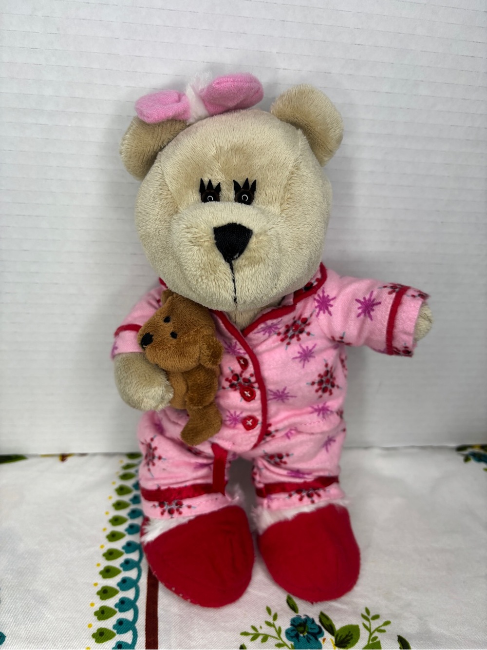 Starbucks Coffee 2007 Bearista Bear Plush Pink Pajamas Holding Baby Bear